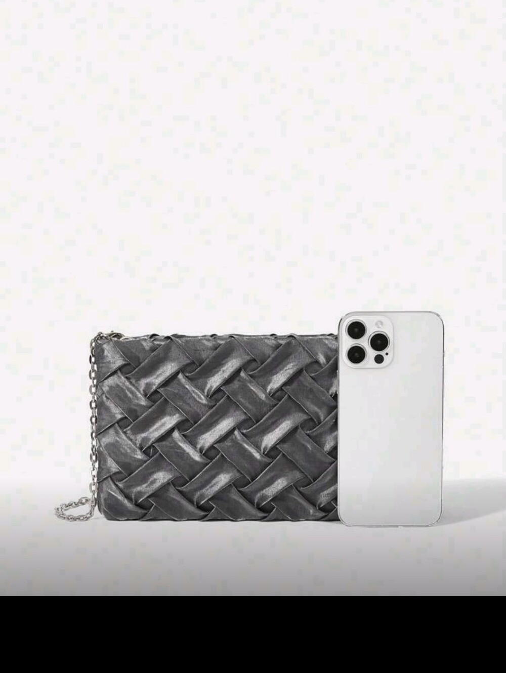 Silver Woven Crossbody Pouch with Chain